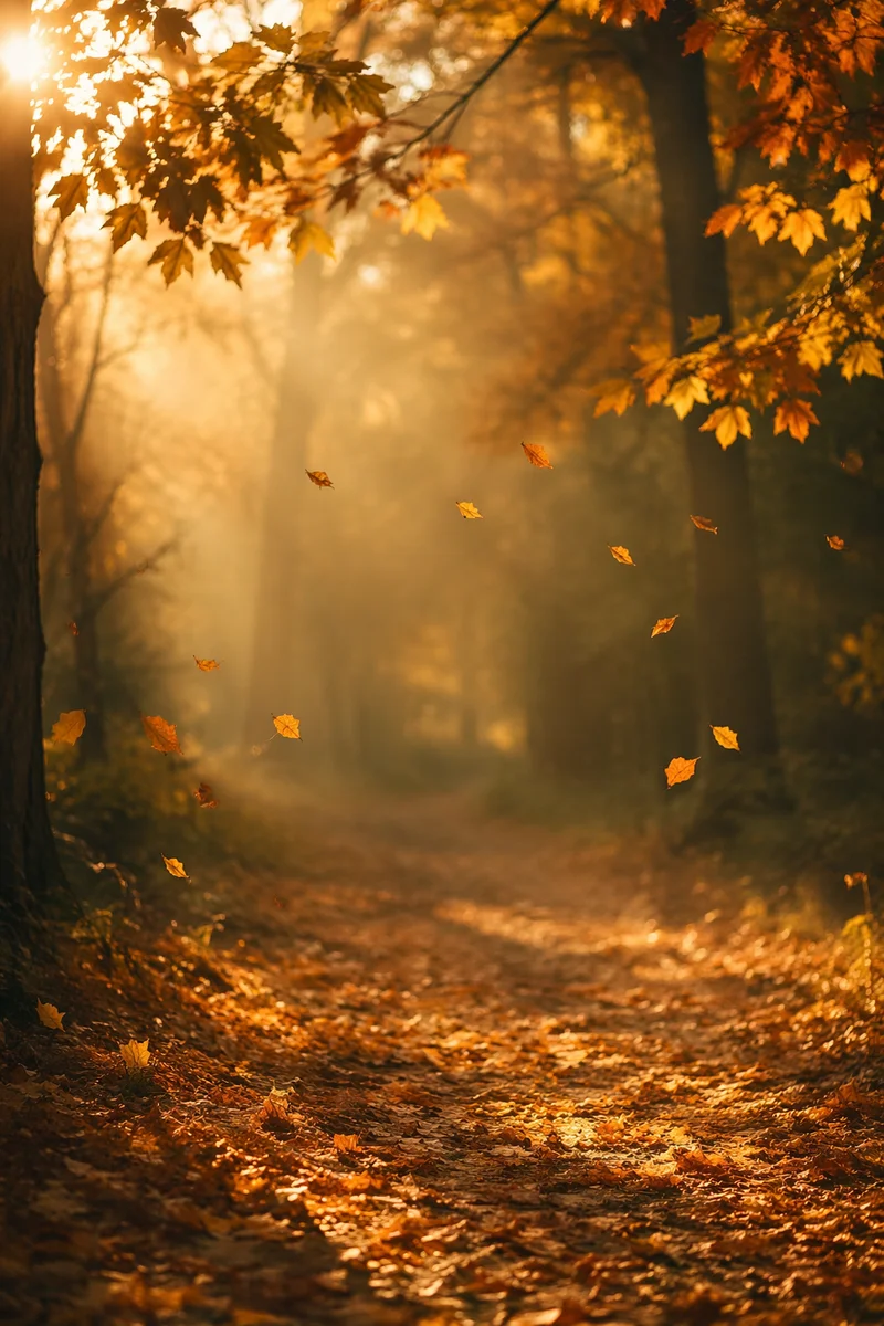 Golden Autumn Leaves in Warm Woodland Light