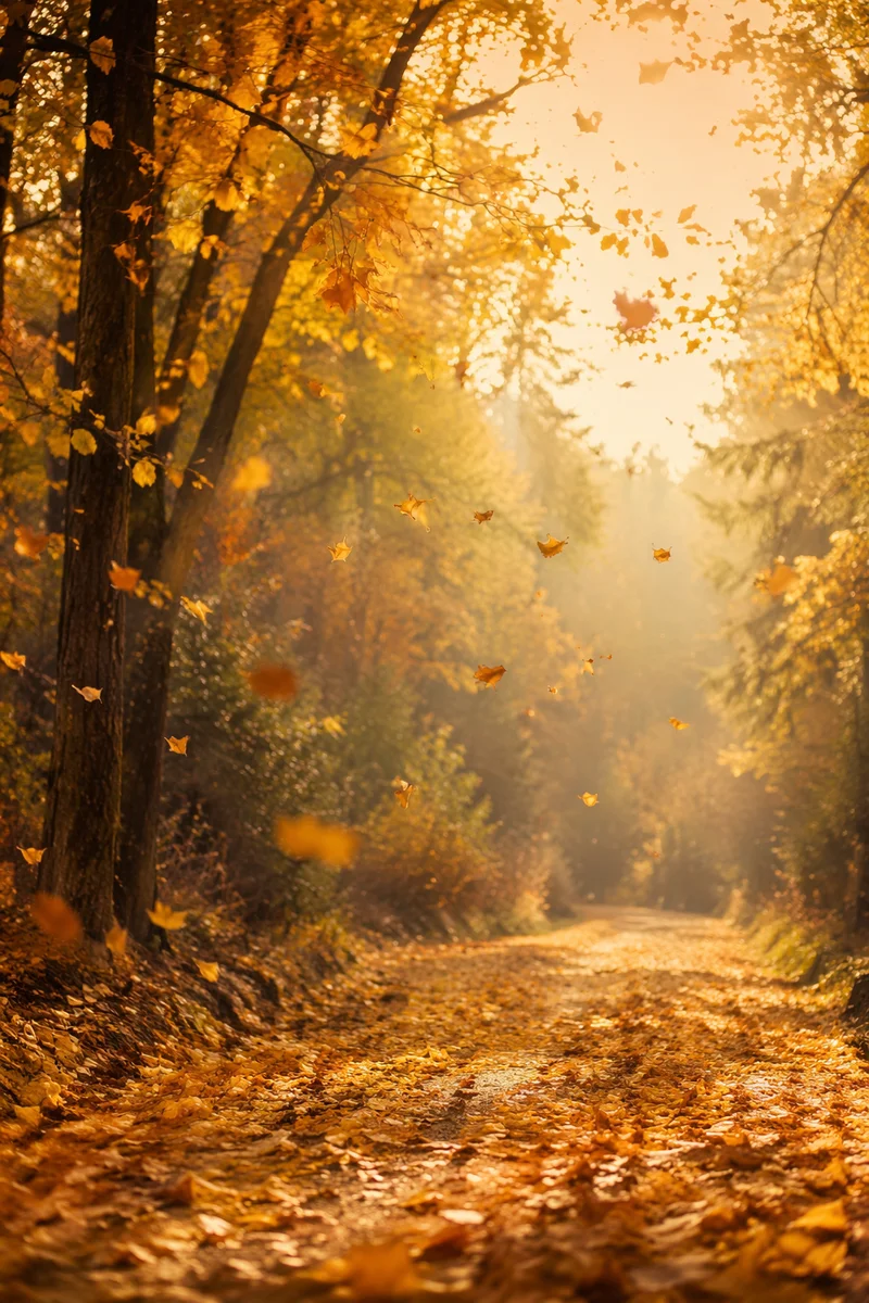 Golden Autumn Woodland Path with Falling Leaves