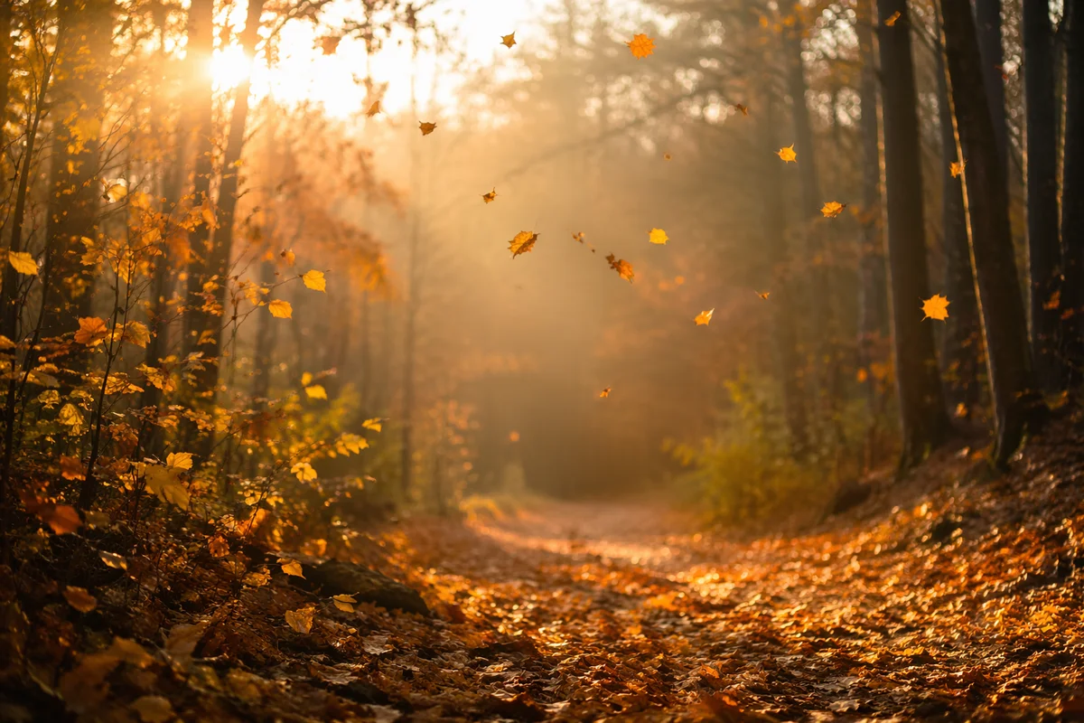 Golden Autumn Leaves in Warm Woodland Light
