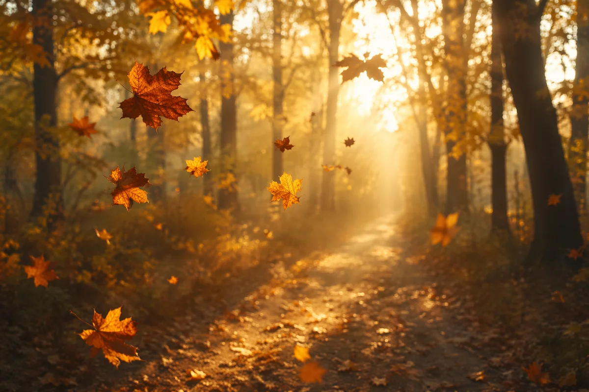 Autumn Leaves Drifting Along Forest Path