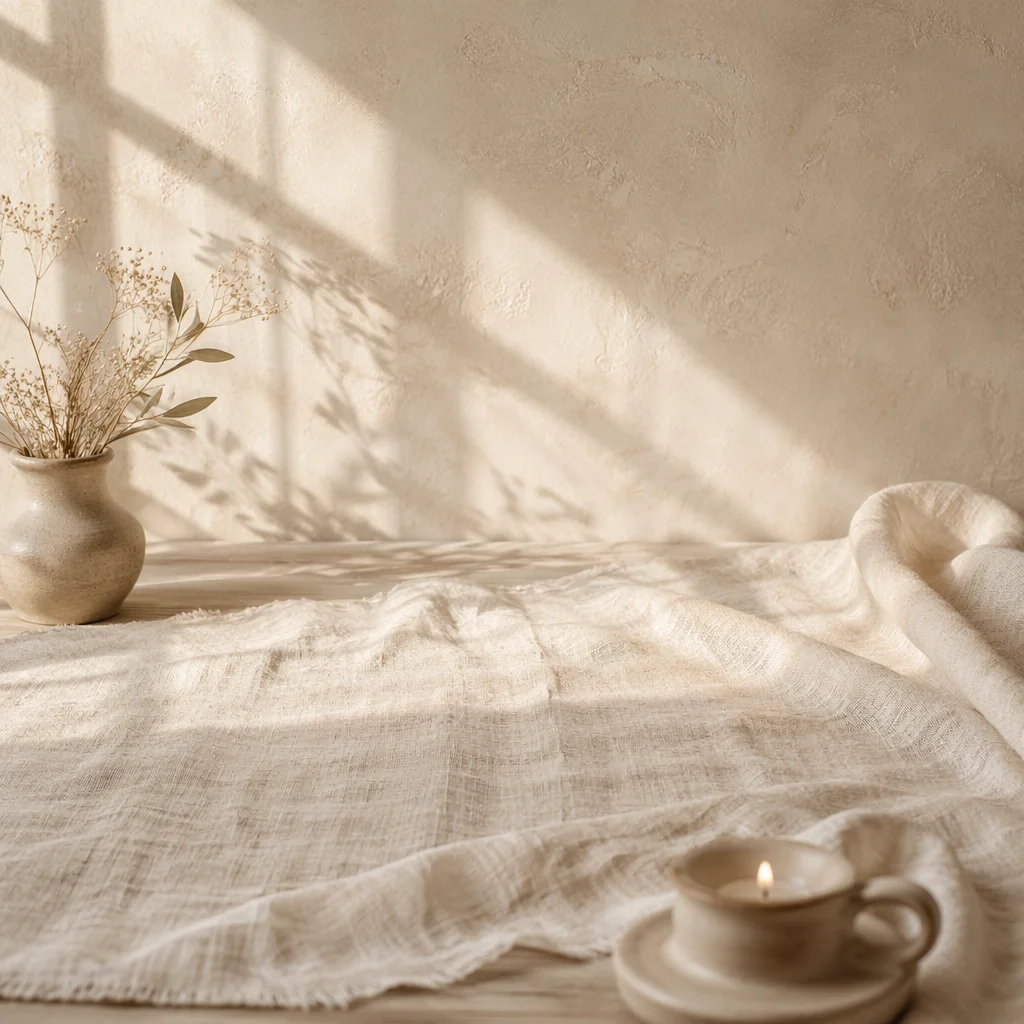 Warm Cream Linen Tabletop Background