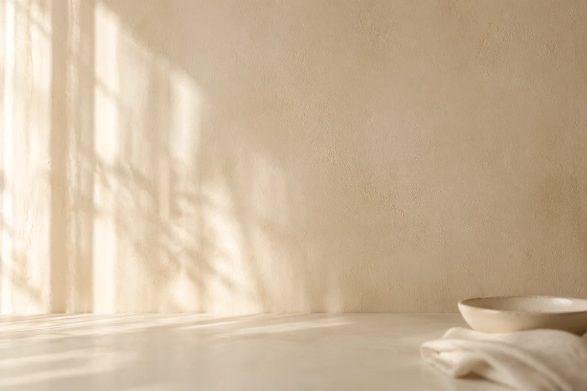 Warm Beige Limewash Background with Cream Table