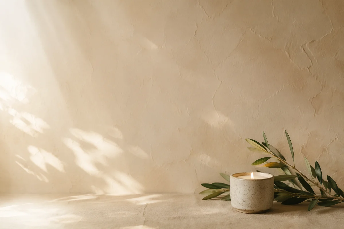 Warm Cream Plaster Background with Olive Branch