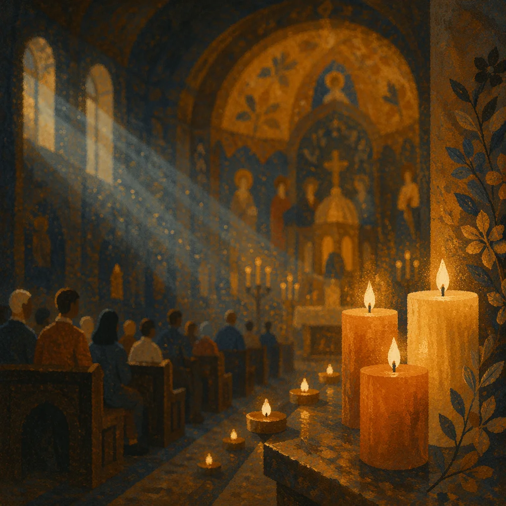 Warm Candlelit Church Interior Bokeh Background