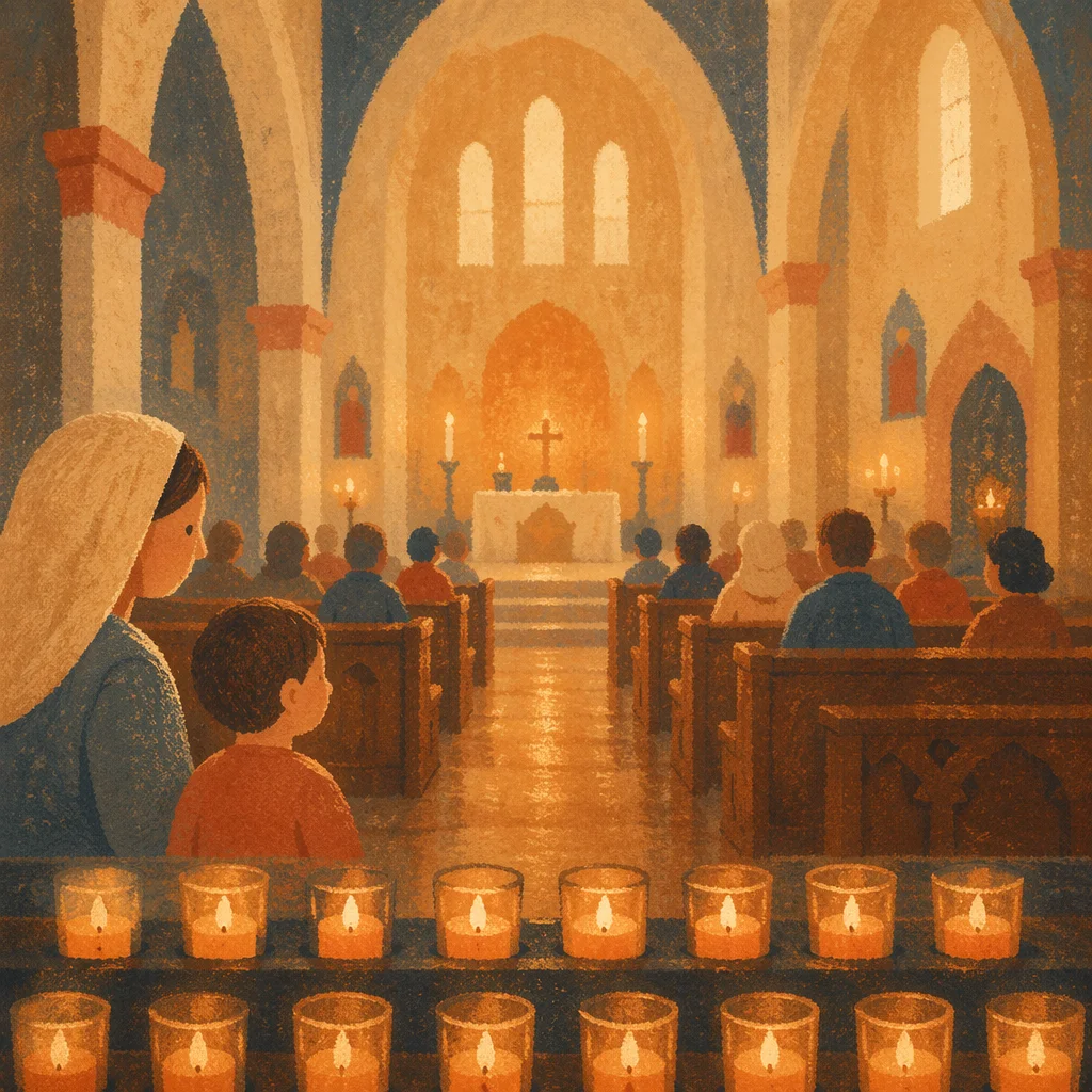 Warm Blurred Church Interior with Candle Bokeh