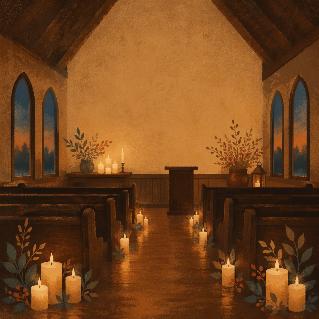 Warm Candlelit Chapel Interior Bokeh Background