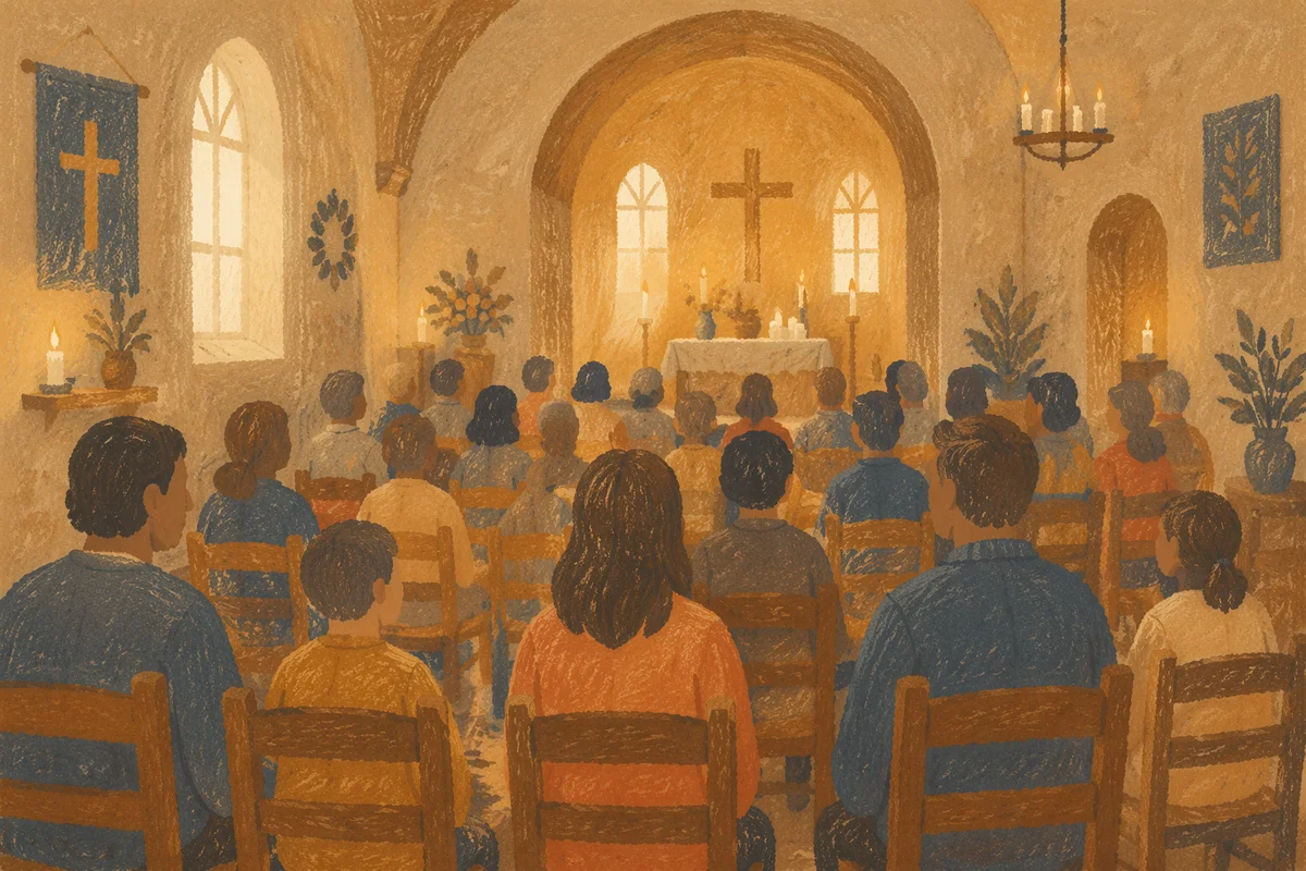 Warm Blurred Church Interior with Candle Bokeh