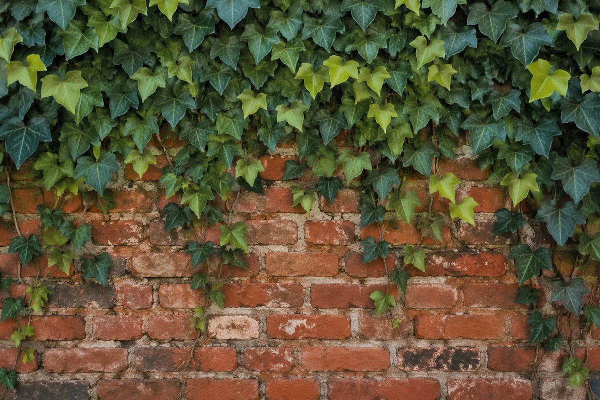 Aged Red Brick Wall with Green Ivy