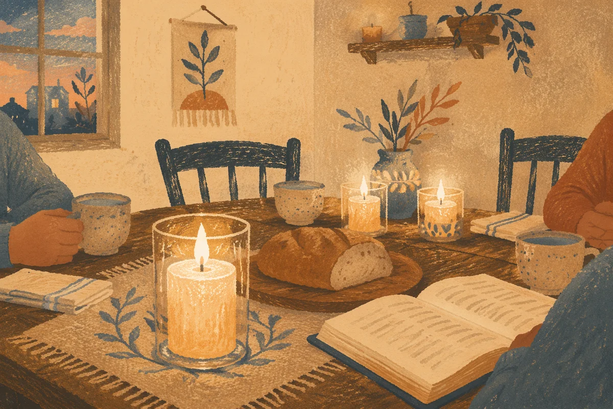 Warm Candlelit Fellowship Table at Dusk
