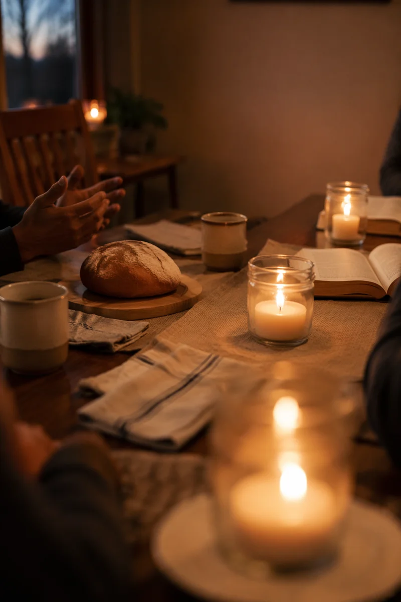 Warm Candlelit Fellowship Table at Dusk
