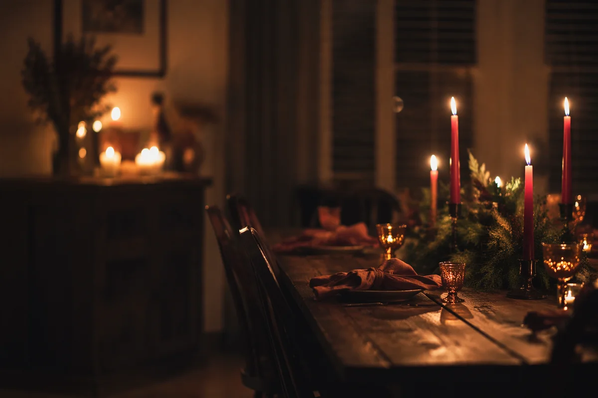 Warm Candlelit Rustic Dining Table Background