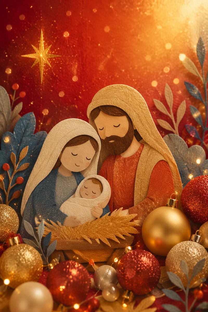 Gold Christmas Ornaments on Red Background