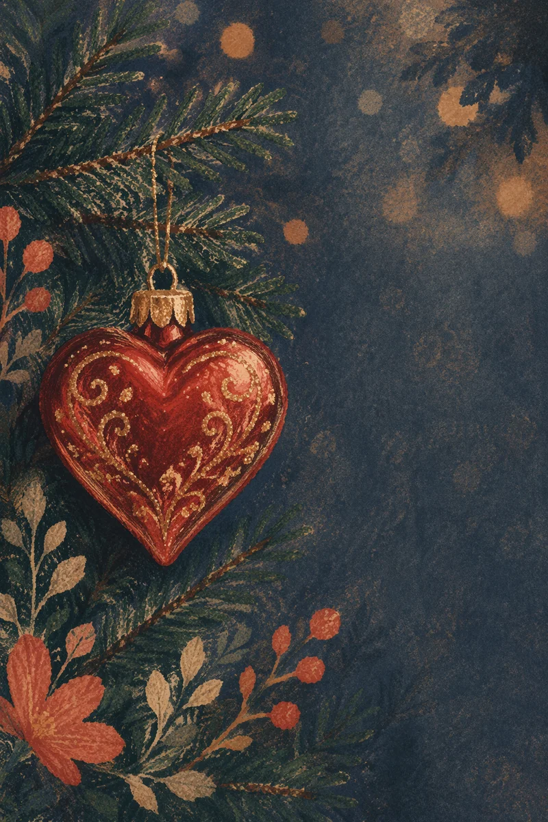 Red Heart Ornament on Evergreen Branches
