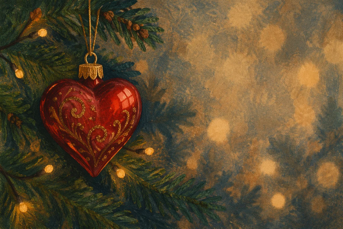 Red Heart Ornament on Evergreen Branches