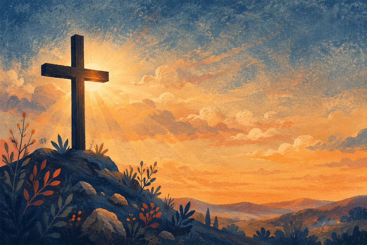 Cross Silhouette on Hill at Sunset