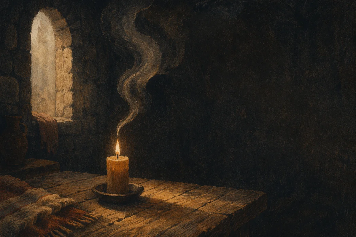 Moody Candle Smoke in Stone Prayer Room