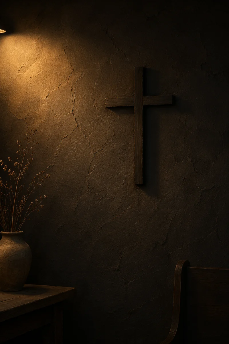 Subtle Wooden Cross on Dark Textured Wall
