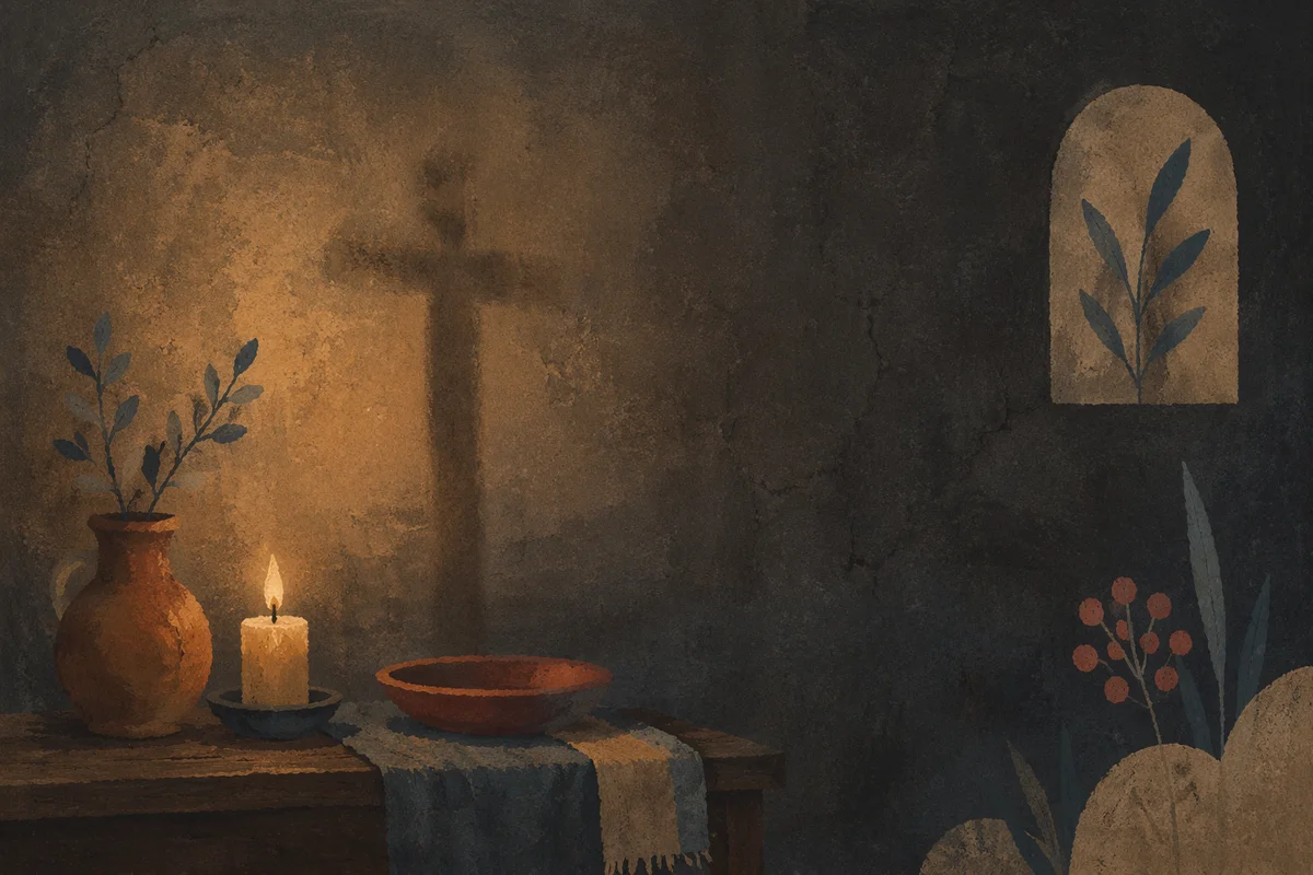 Subtle Candlelit Cross on Dark Chapel Wall