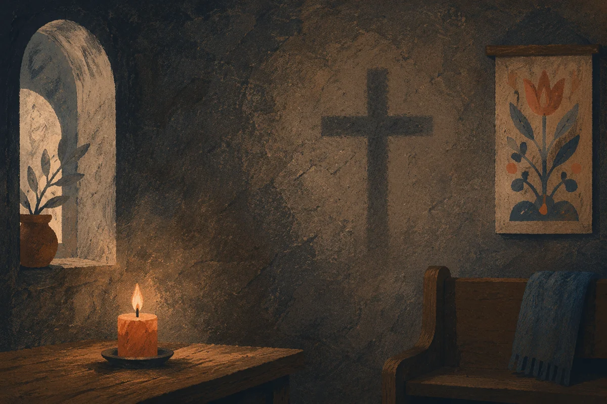 Subtle Cross Shadow on Dark Chapel Wall
