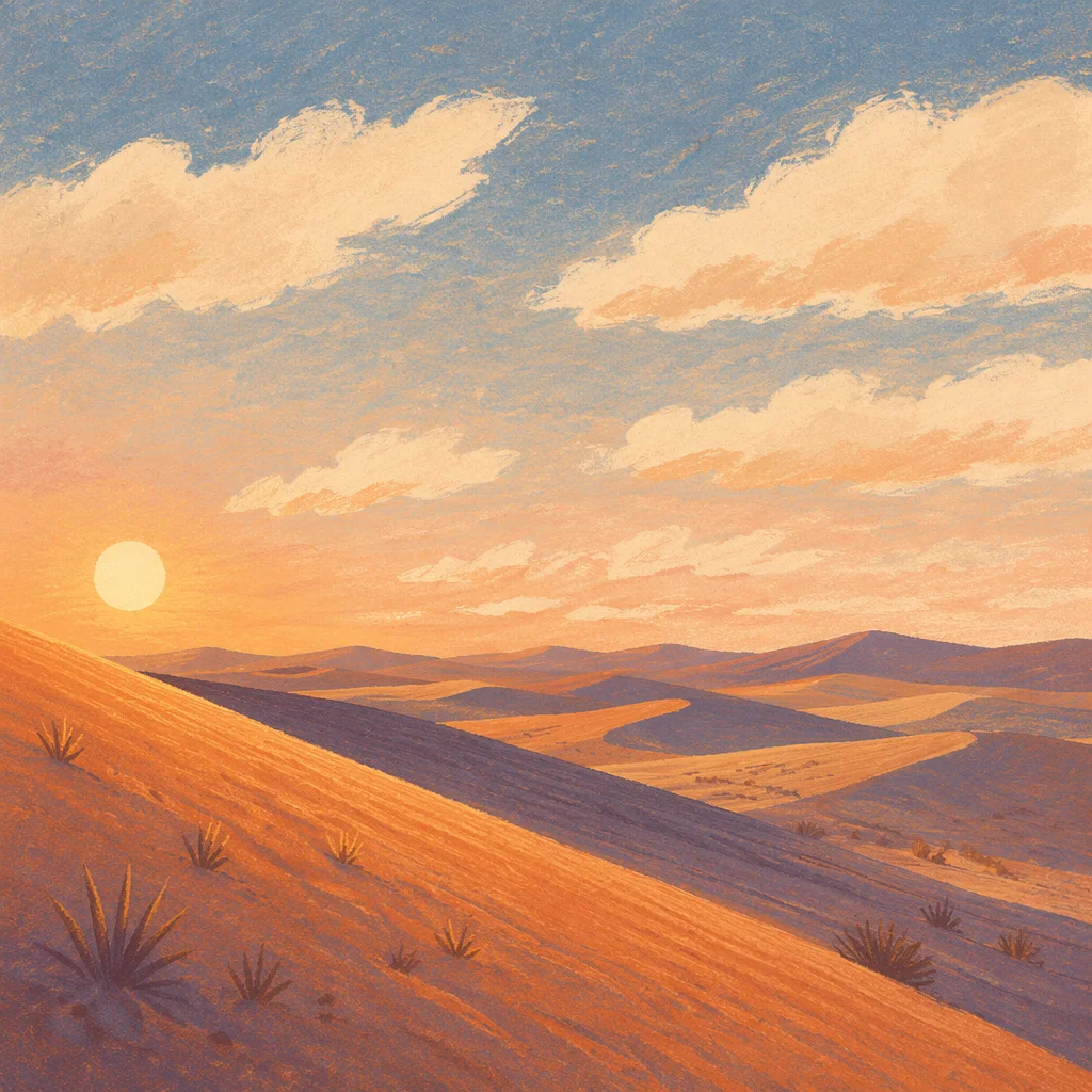 Golden Hour Desert Dunes Under Vast Sky