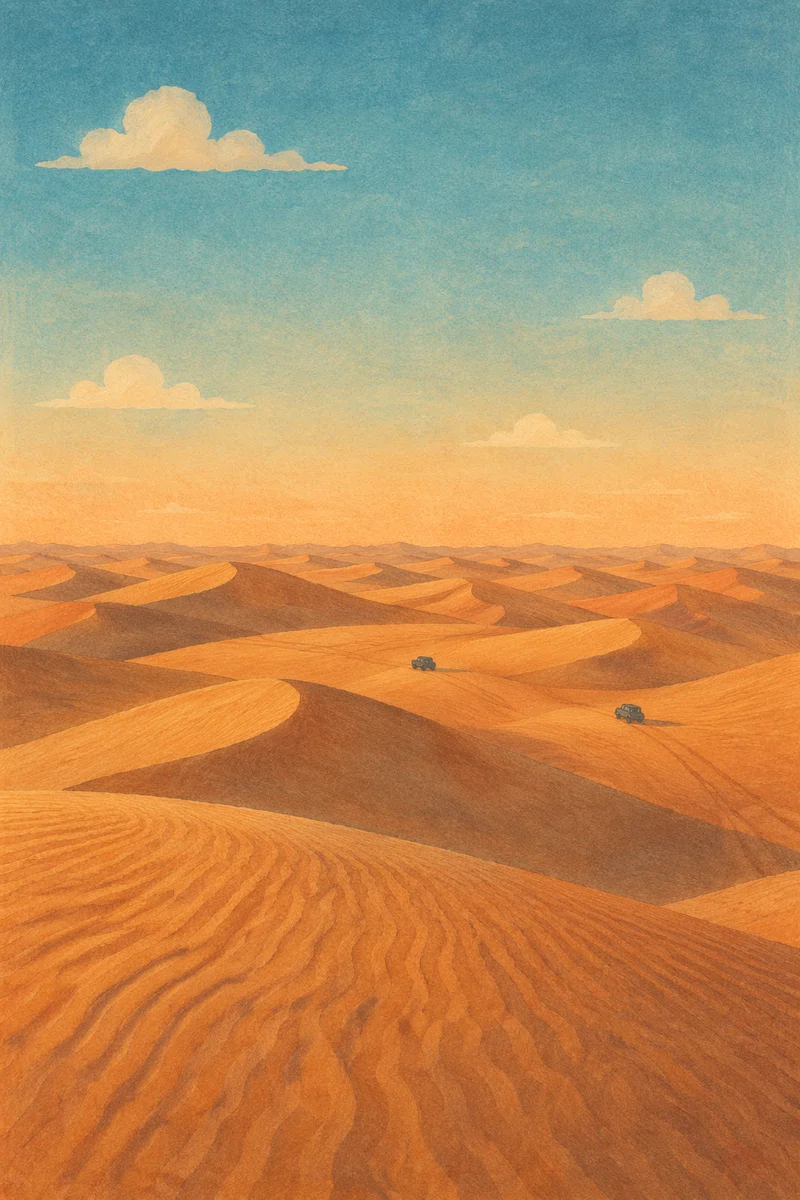 Golden Hour Desert Dunes Under Vast Sky