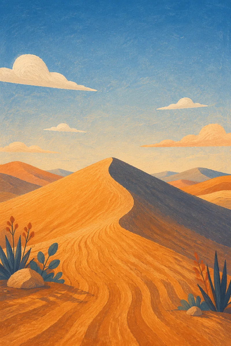 Golden Hour Desert Dunes Under Vast Sky