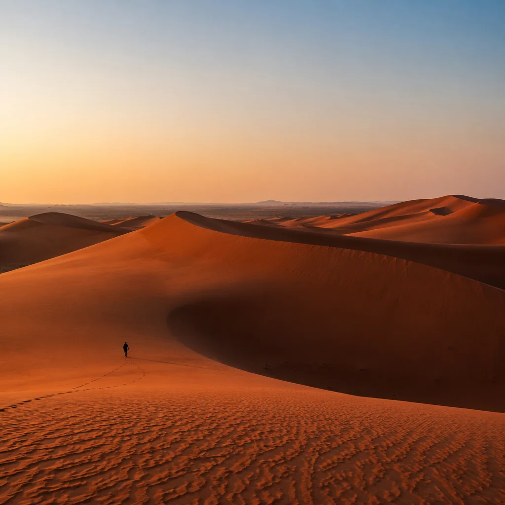 Golden Hour Desert Dunes Under Vast Sky