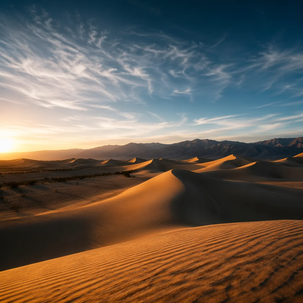 Golden Hour Desert Dunes Under Vast Sky
