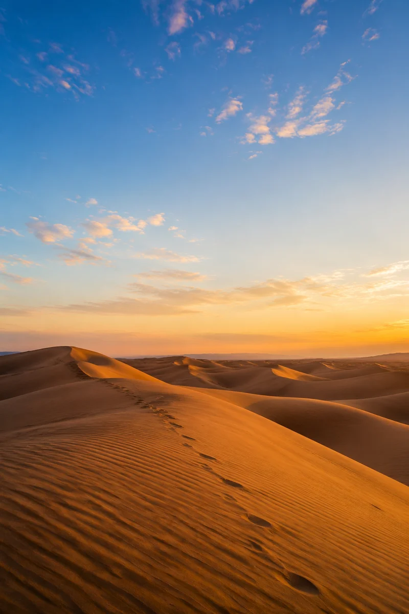 Golden Hour Desert Dunes Under Vast Sky