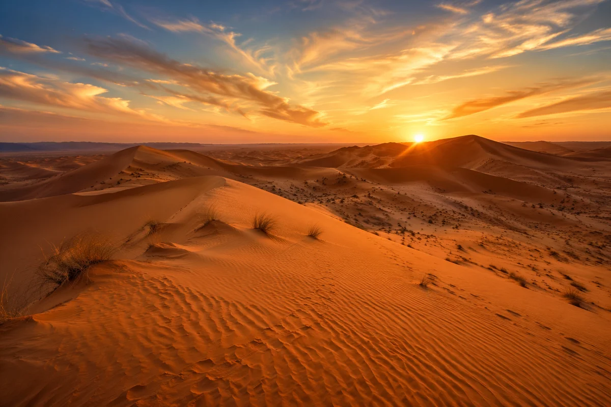 Golden Hour Desert Dunes with Vast Sky