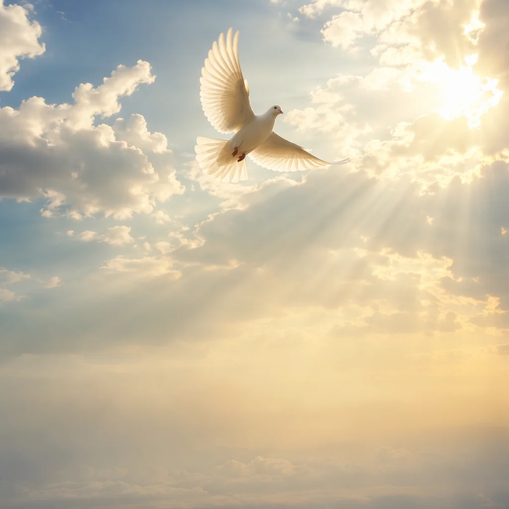 White Dove Gliding Through Sunlit Clouds