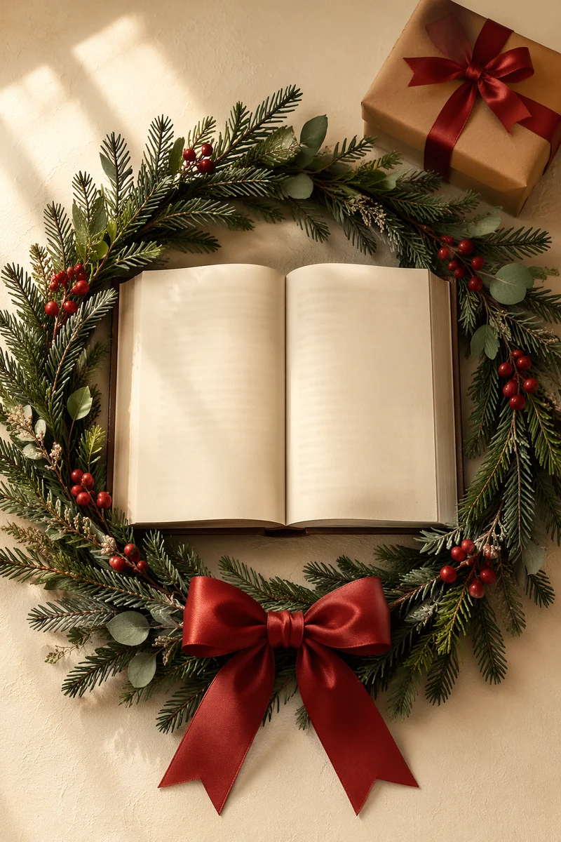 Open Book with Evergreen Wreath and Gift