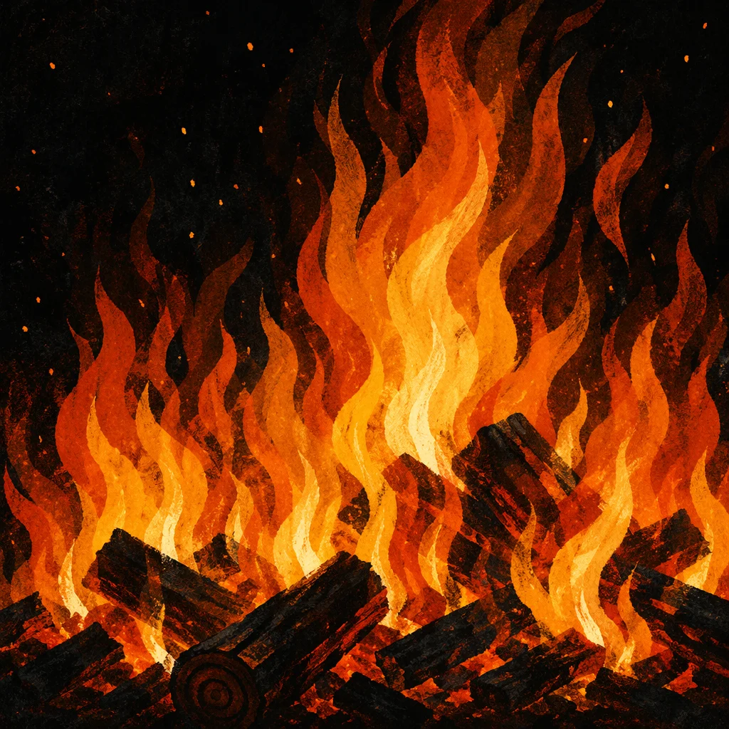 Dramatic Flames Rising From Charred Logs