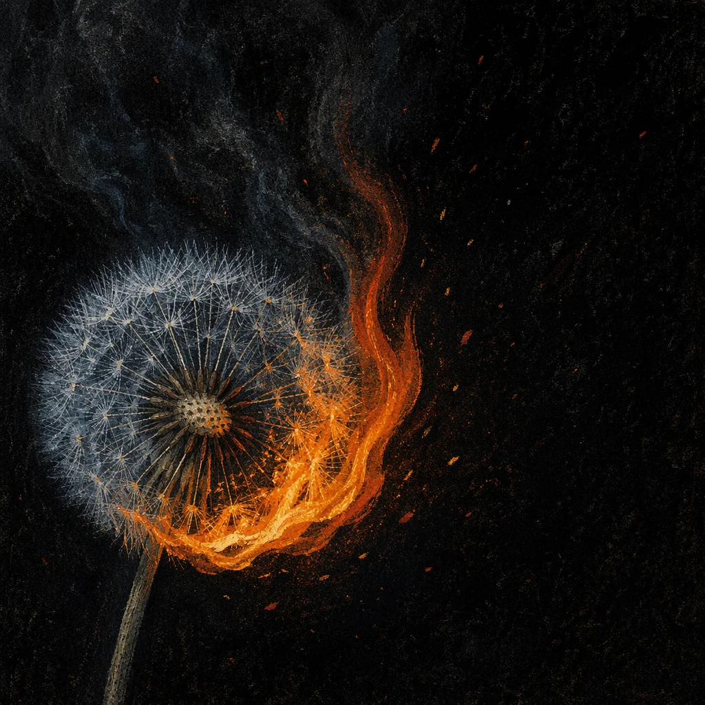 Dandelion Seeds Framed by Dramatic Flames