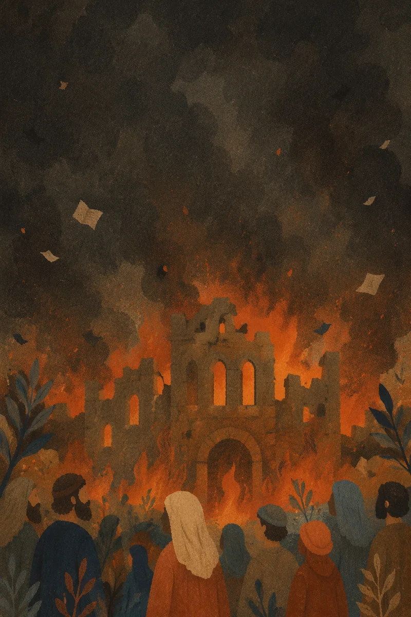 Dramatic Flames Over Ruined Stone Facade