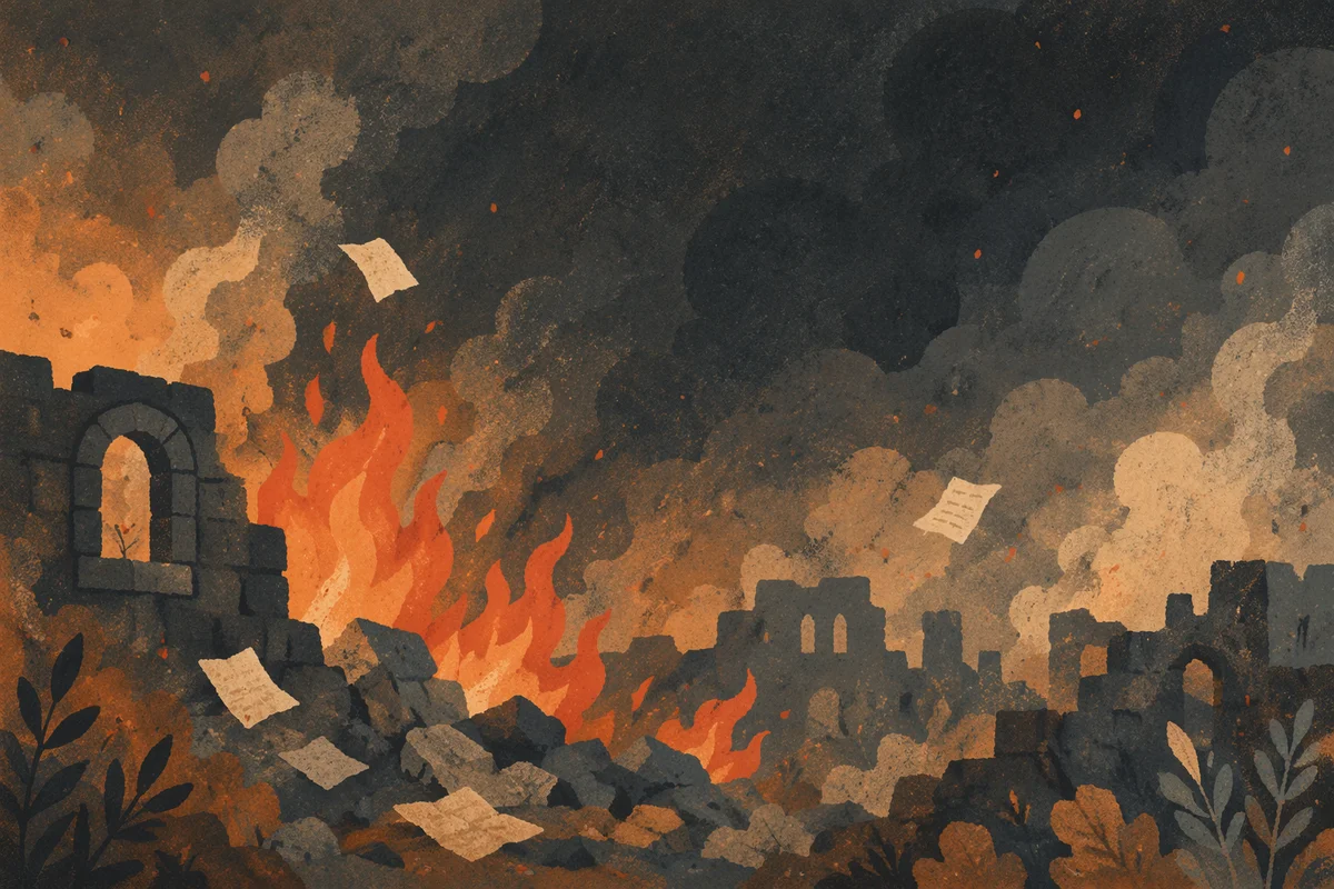 Dark Dramatic Flames Over Ruined Stone
