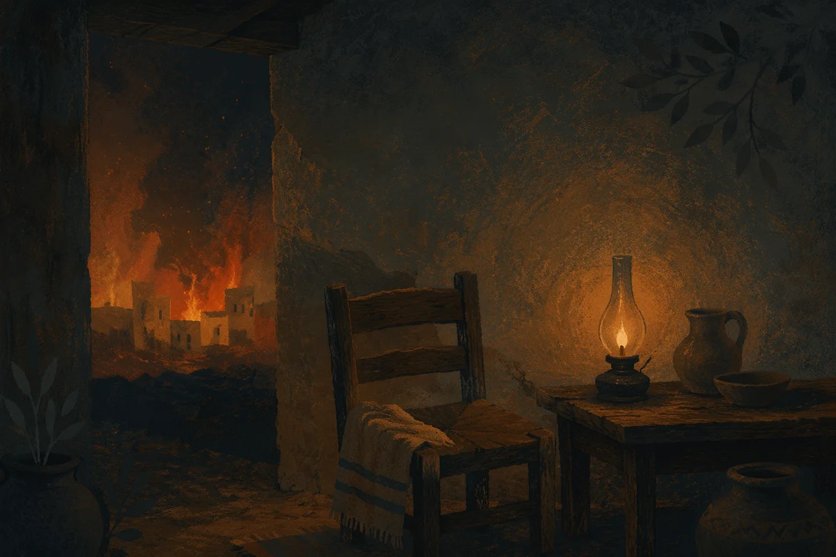 Dark Firelit Interior with Empty Wooden Chair