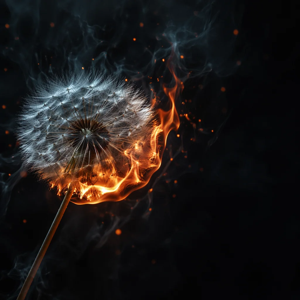 Dandelion Seeds Against Dramatic Flames