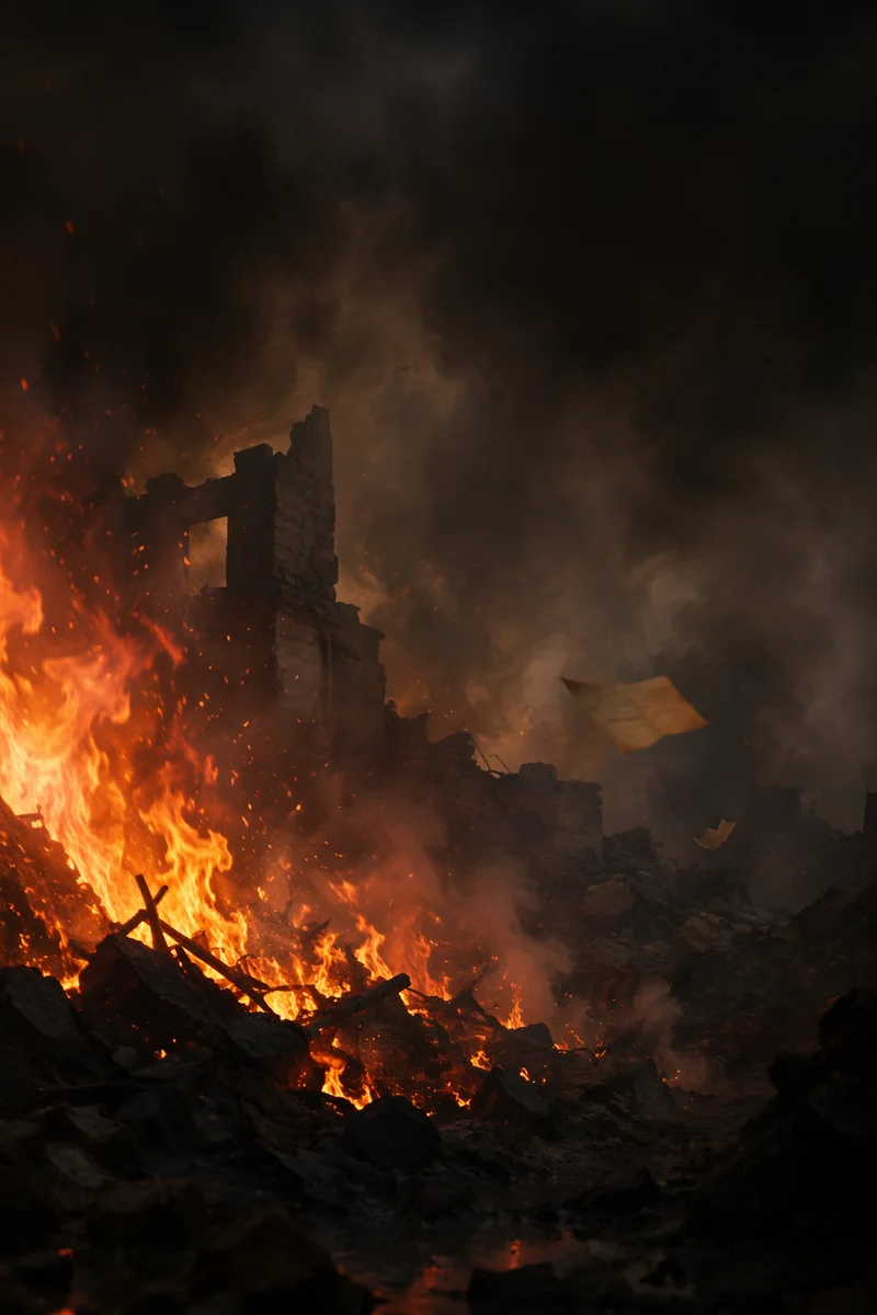 Dark Dramatic Flames Over Ruined Stone