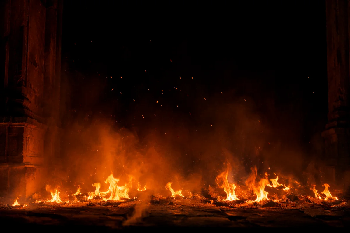 Dramatic Fire in Dark Stone Interior