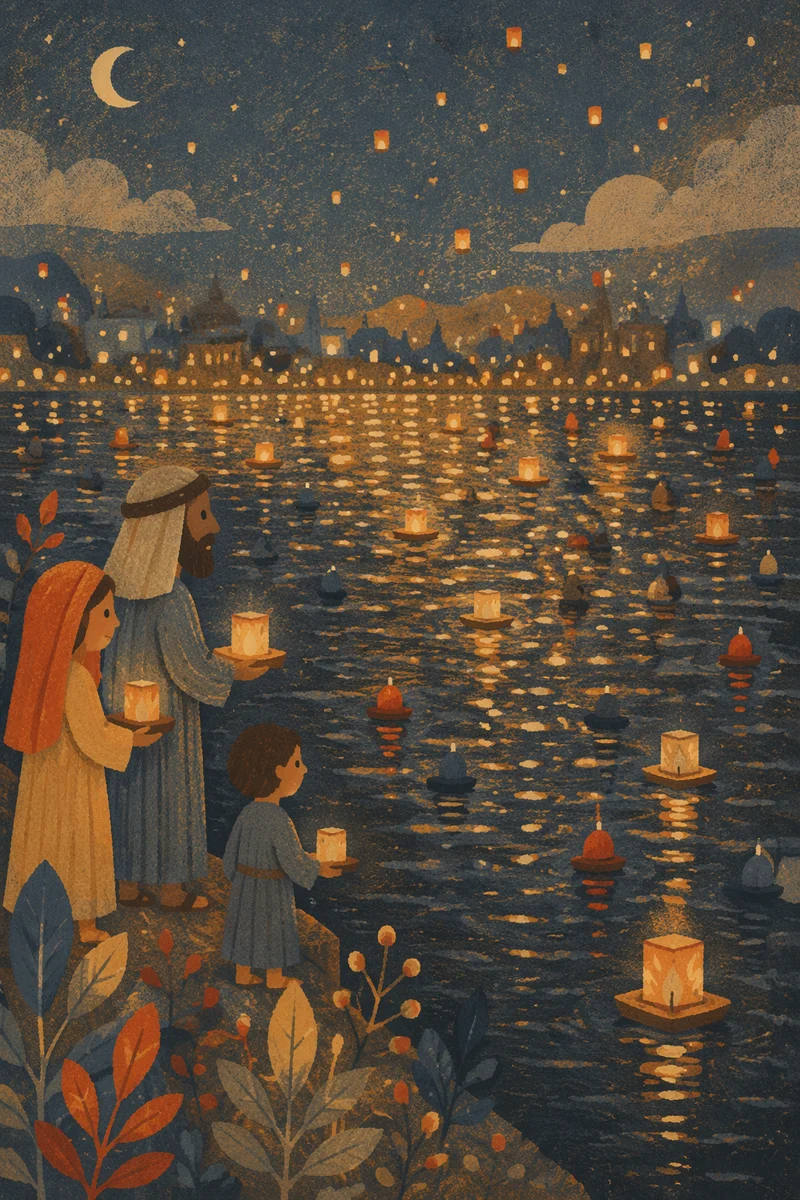 Golden Reflections on Night Water Surface