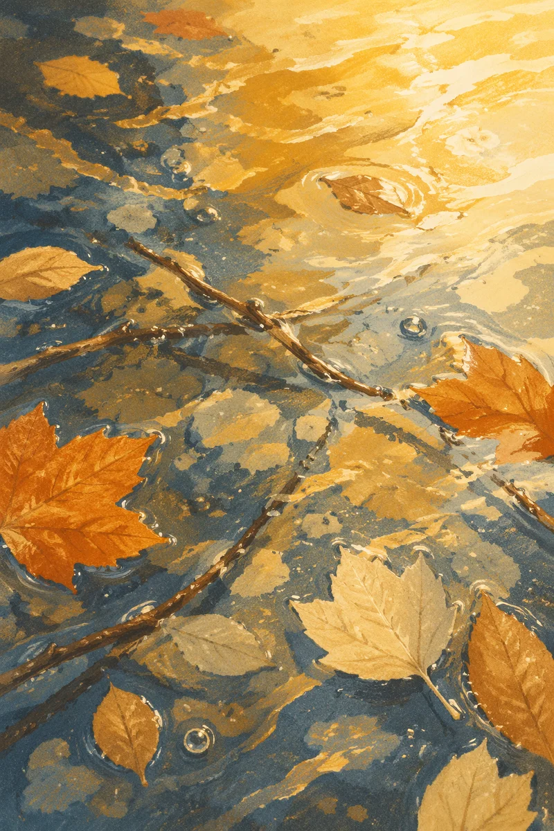 Golden Water Ripples with Autumn Leaves