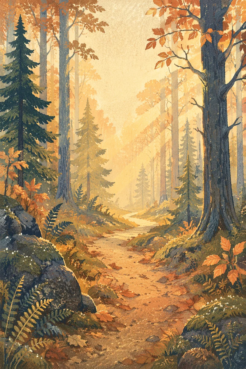 Peaceful Forest Path with Morning Light Rays