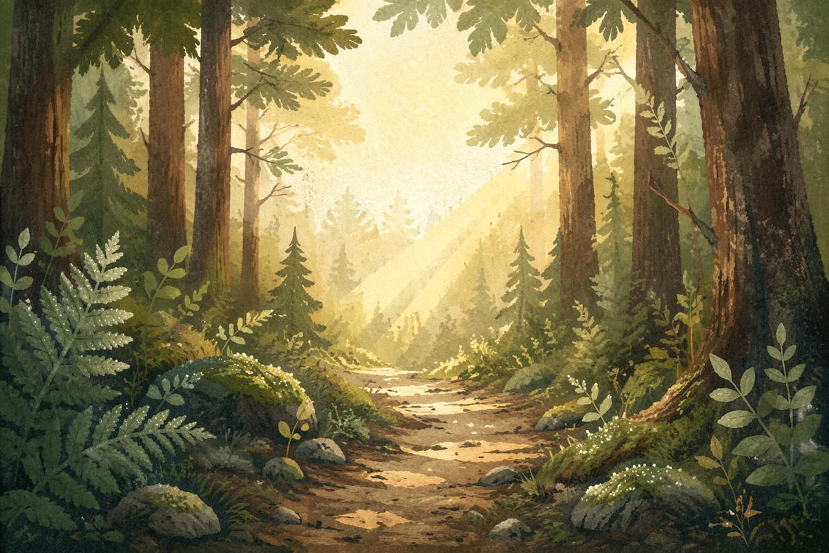 Forest Path with Morning Light Rays