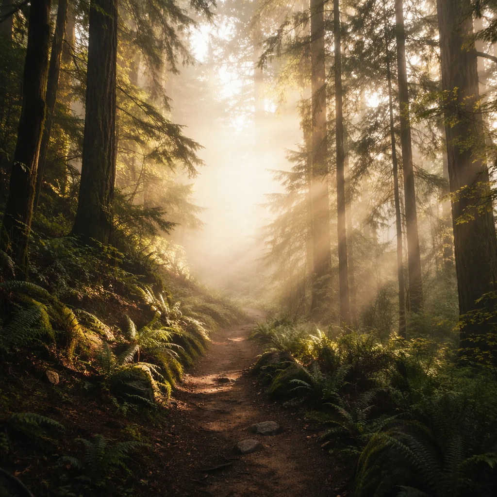 Serene Forest Path with Morning Light Rays