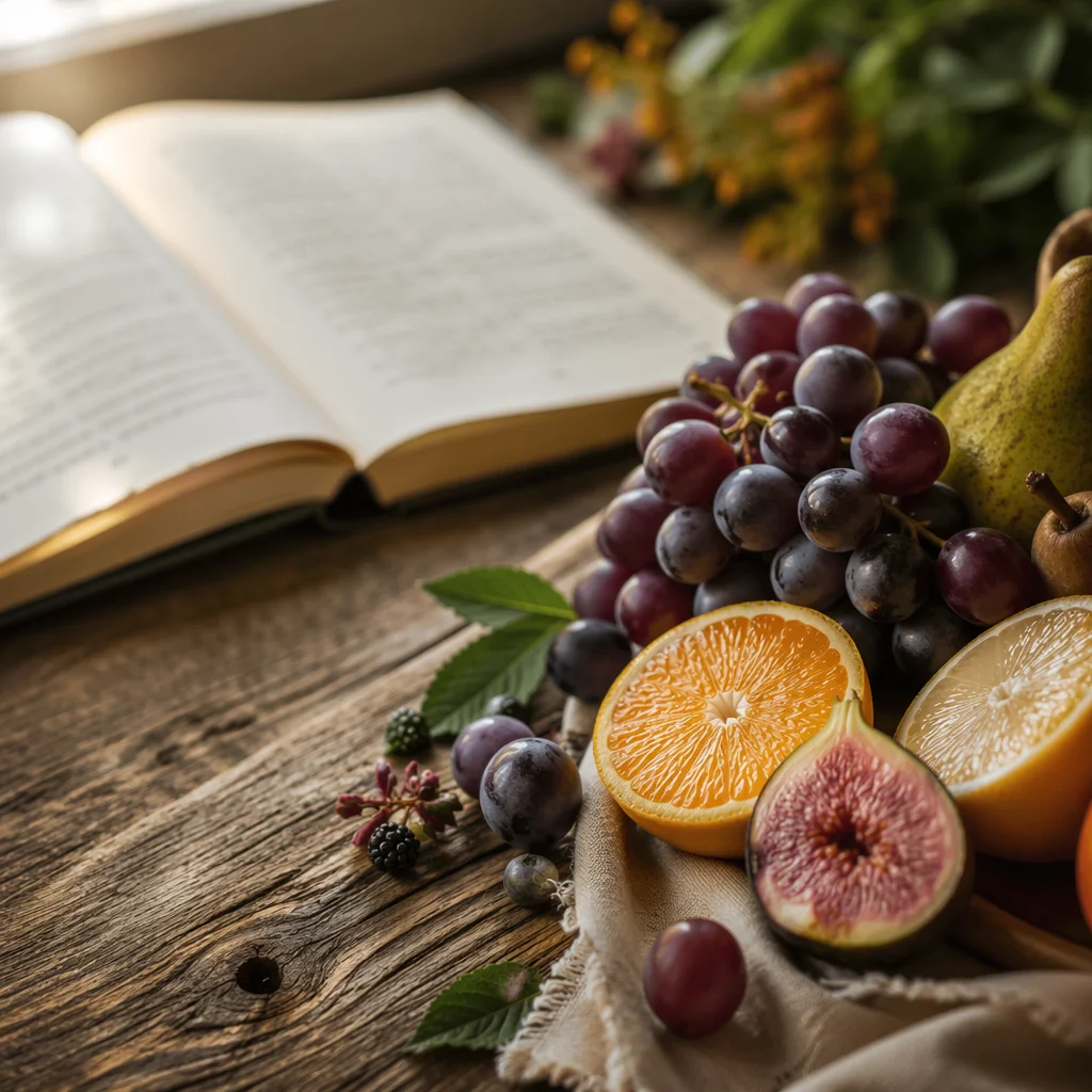 Fresh Fruit and Notebook on Wooden Table