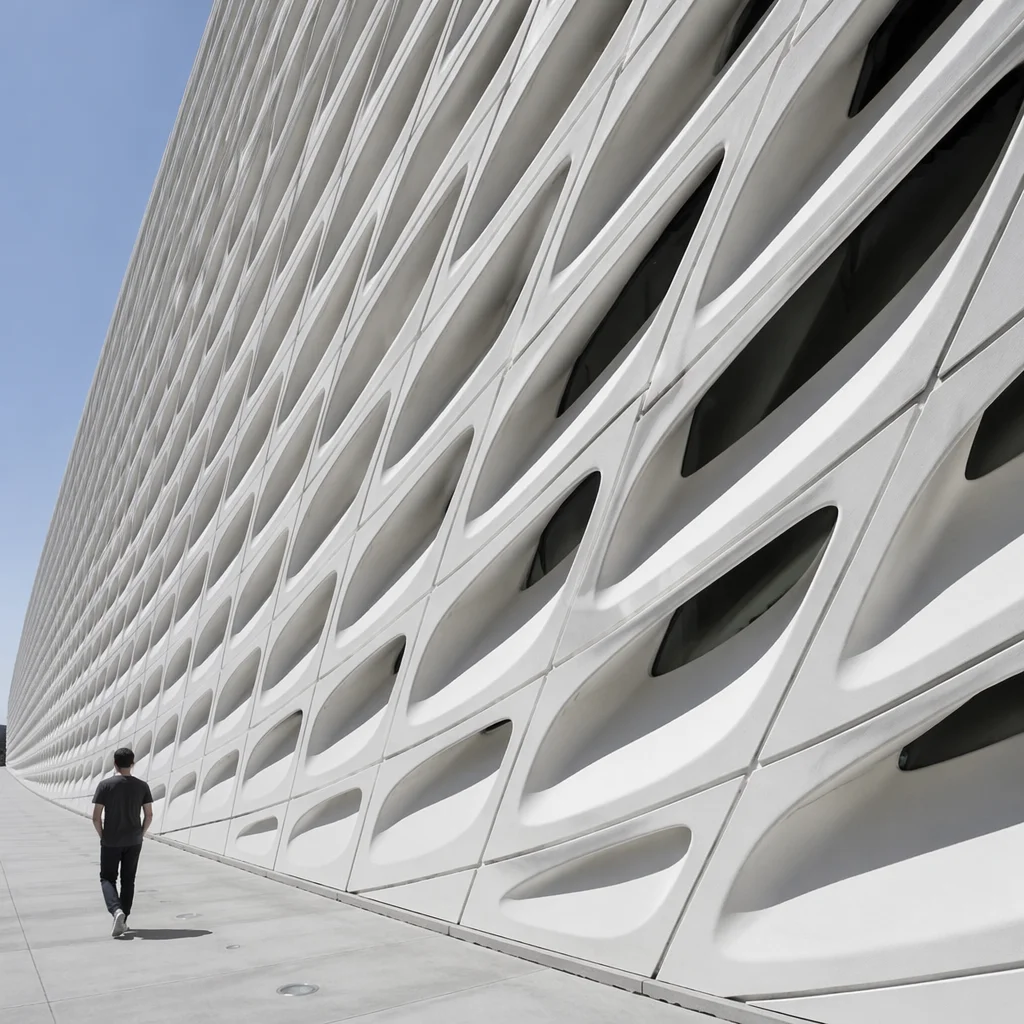 Minimalist Geometric Facade With Futuristic Walkway