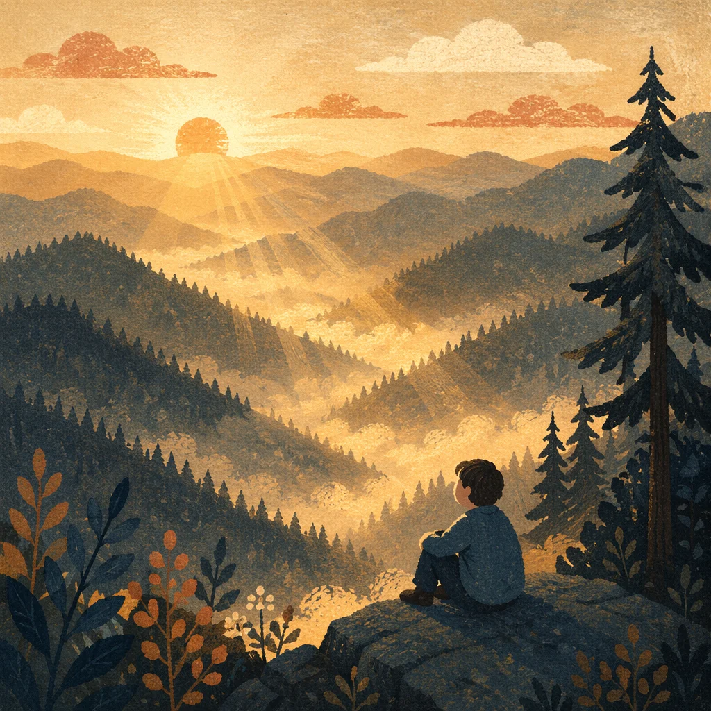 Golden Sunrise Rays Over Misty Mountain Ridges