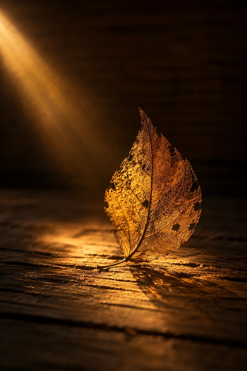 Golden Light Through Autumn Leaf on Wood