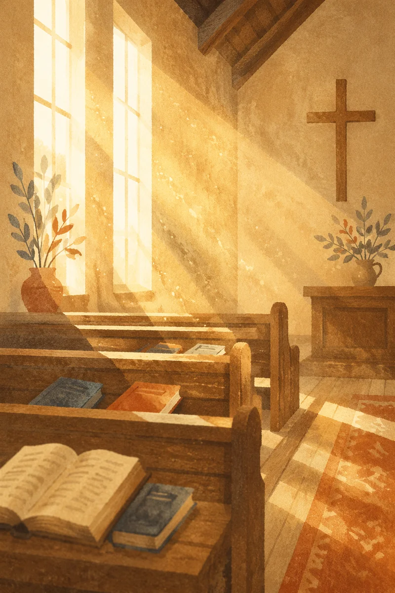 Golden Light Rays in Quiet Wooden Chapel
